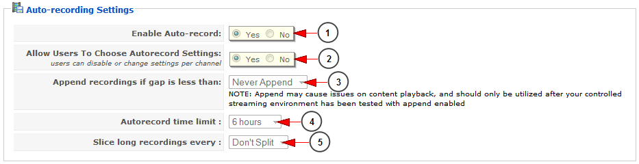 site settings auto recording options